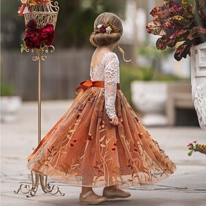 Elegant Orange Floral Kids flower girl Dress